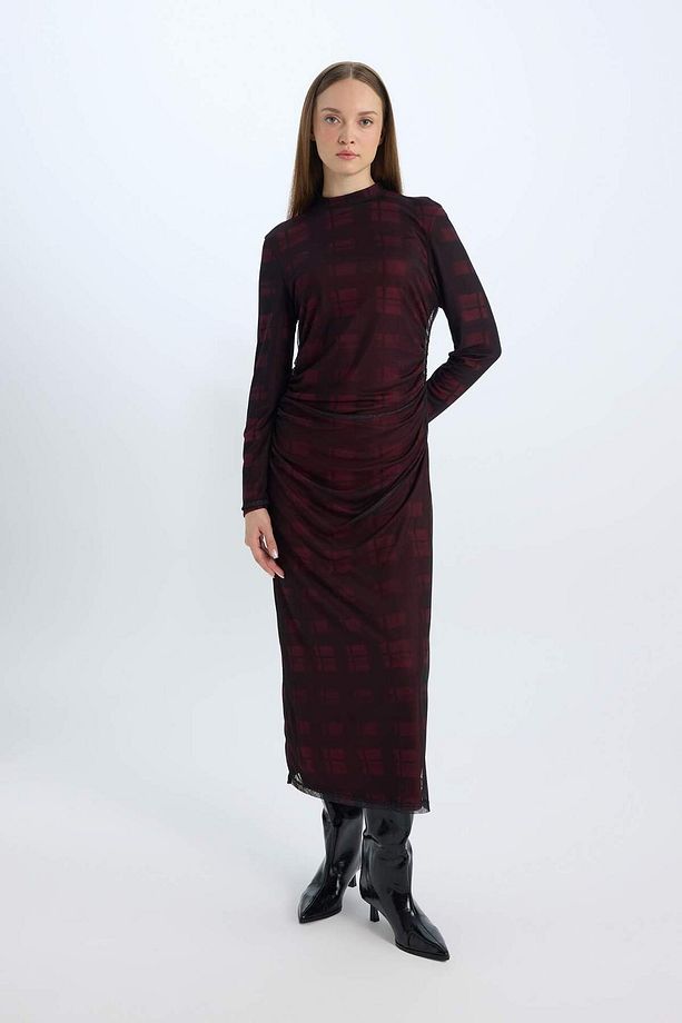 Regular Fit Yarım Balıkçı Yaka Desenli Uzun Kollu Maxi Tül Elbise E1959AX24WN - 1