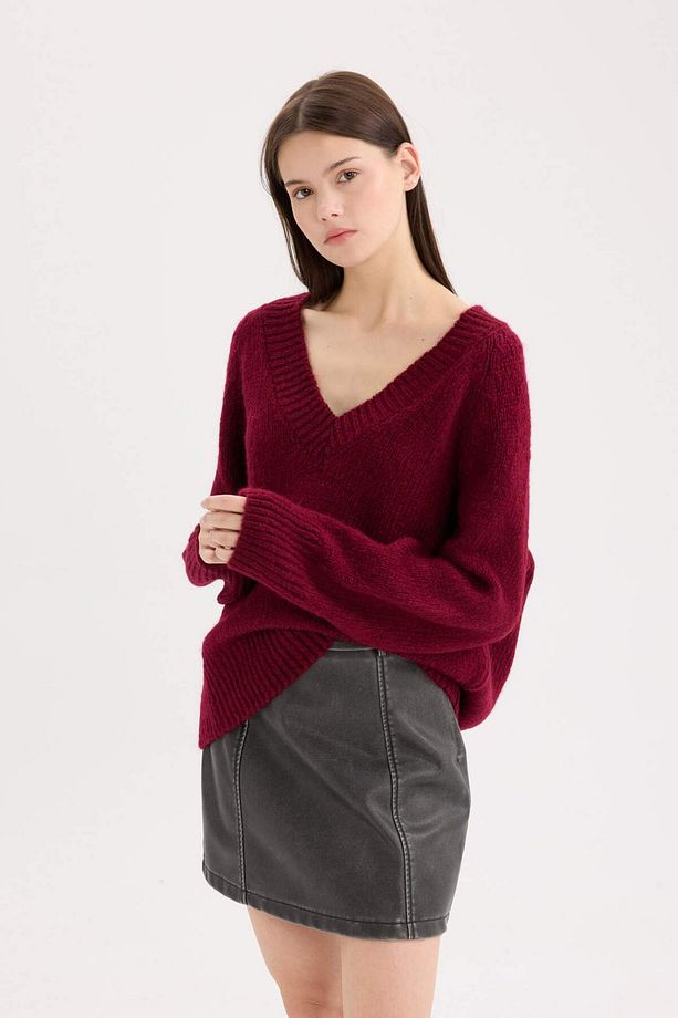 Oversize Geniş Kalıp V Yaka Basic Düz Bordo Triko Kazak A3264AX24CW - 4