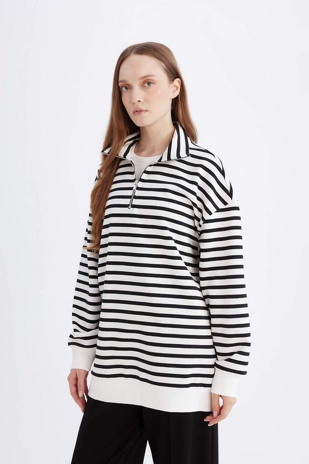 Relax Fit Dik Yaka Fermuarlı Çizgili İçi Yumuşak Tüylü Kalın Sweatshirt Tunik E0840AX24WN - 3