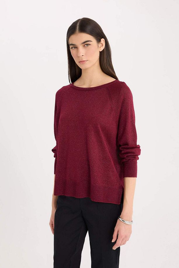 Regular Fit Bisiklet Yaka Basic Düz Bordo Triko Kazak C6818AX24WN - 4