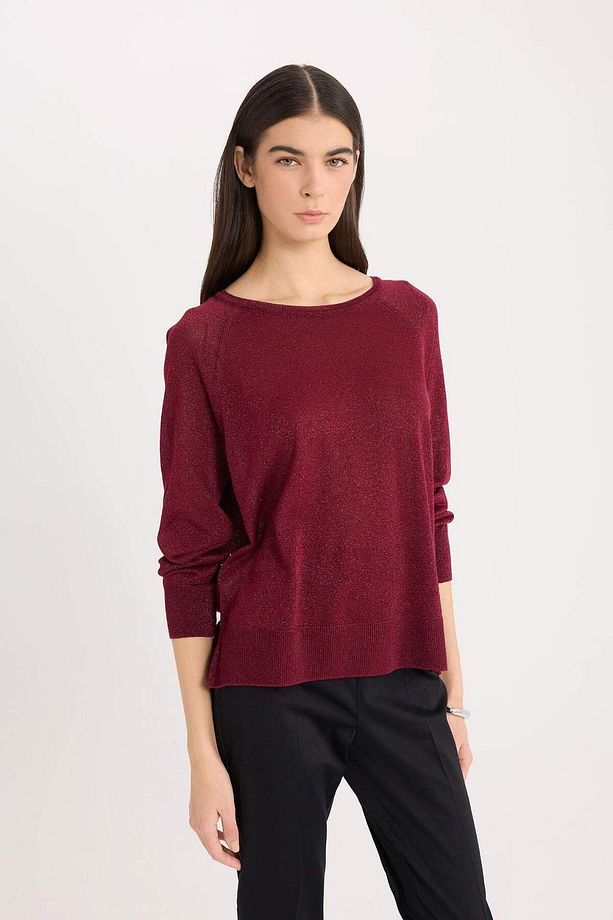 Regular Fit Bisiklet Yaka Basic Düz Bordo Triko Kazak C6818AX24WN - 5