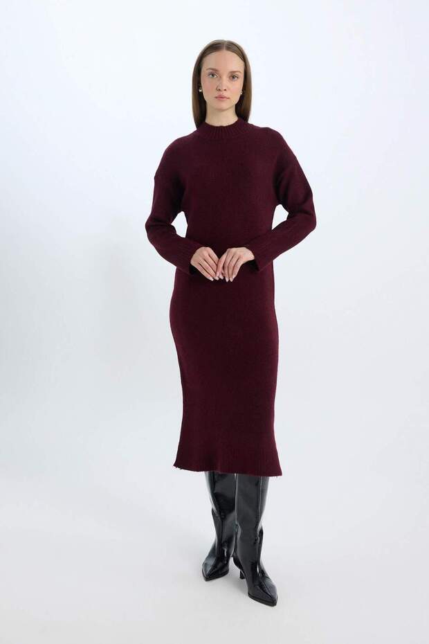 Relax Fit Yarım Balıkçı Yaka Midi Triko Bordo Elbise D8596AX24WN - 4