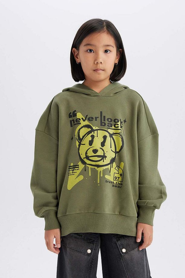 Kız Çocuk Oversize Geniş Kalıp Kapüşonlu Baskılı Sweatshirt D1567A824WN - 3
