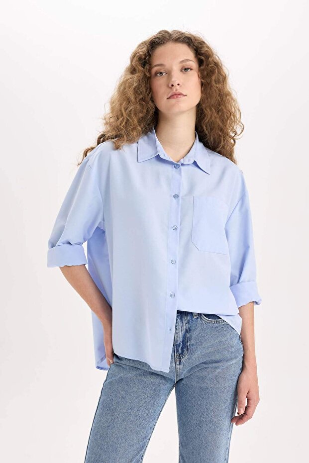 Oversize Wide Fit Poplin Long Sleeve Shirt E2294Axns