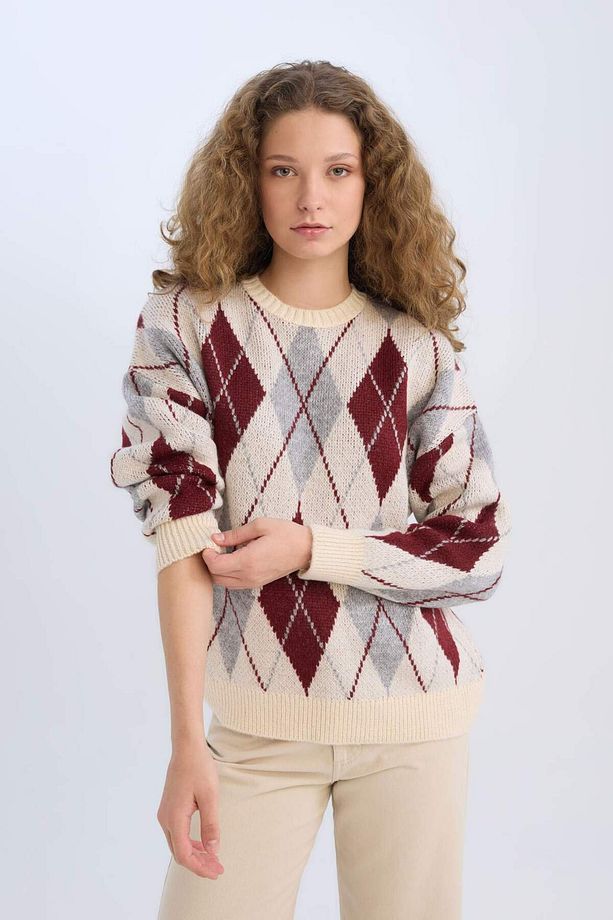 Regular Fit Baklava Desenli Bisiklet Yaka Triko Kazak D9519AX24WN - 3