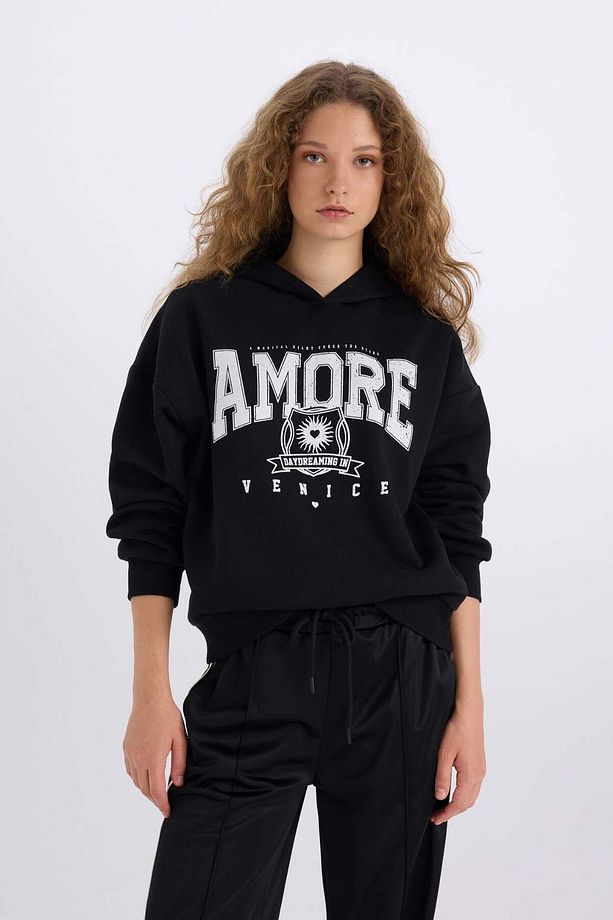 Loose Fit Kapüşonlu Baskılı Kalın Sweatshirt E3330AXNS - 3