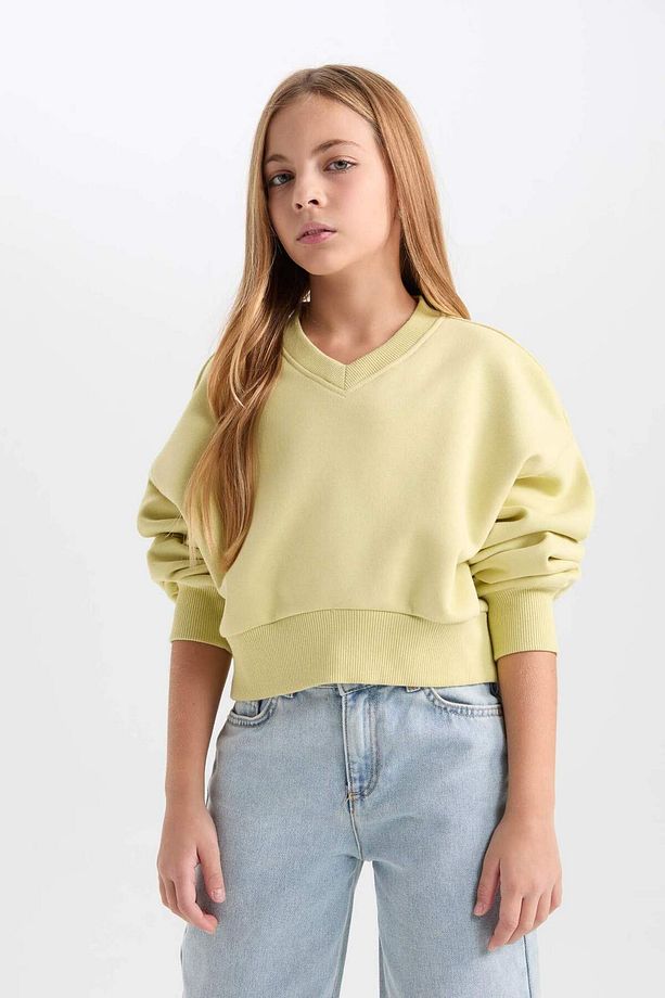 Kız Çocuk Cropped Fit V Yaka Basic Düz Sweatshirt D7047A824WN - 1