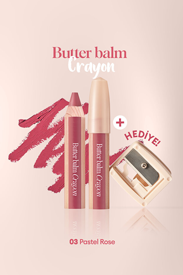 Creamy, Pen-Shaped Colored Lip Balm & Sharpener Clio Butter Balm Crayon 003 Pastel Rose