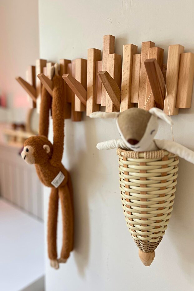 %100 Masif Doğal Ahşap Piyano Askılık | 5'li Açılır Kapanır Duvar Askısı | Modern Şık | Ahşap Rengi - 3