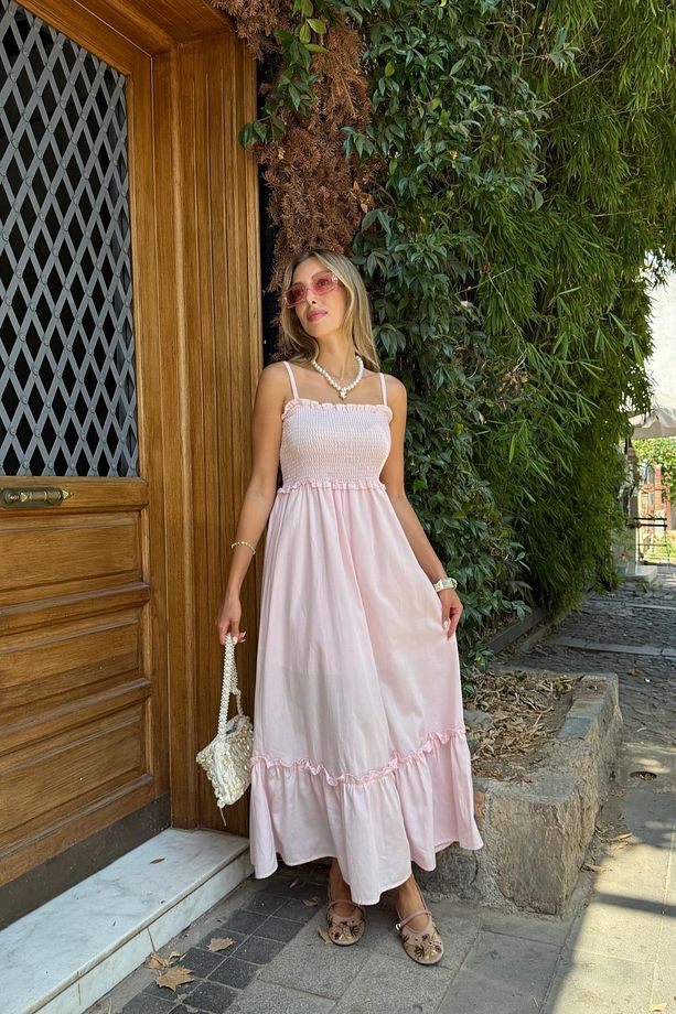 Askı Ayarlı Gipeli Elbise PEMBE - 1
