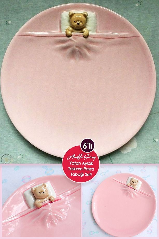 6'lı 19cm Seramik Yatan Ayı Şekilli Tasarım Handmade Pasta Tabağı Tatlı Kahvaltı Pasta Tabağı Seti - 2