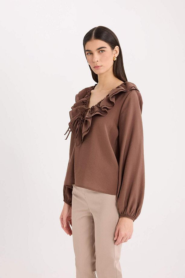 Regular Fit Fırfırlı V Yaka Basic Düz Uzun Kollu Bluz E3393AX24WN - 5