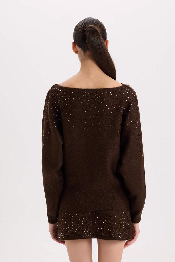Regular Fit Kayık Yaka Taşlı Basic Düz Triko Kazak E2286AX24WN - 6