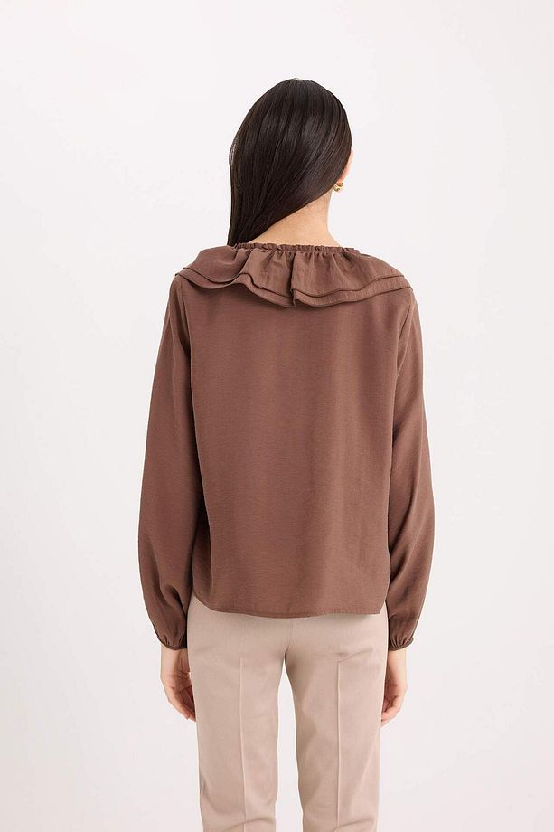 Regular Fit Fırfırlı V Yaka Basic Düz Uzun Kollu Bluz E3393AX24WN - 7