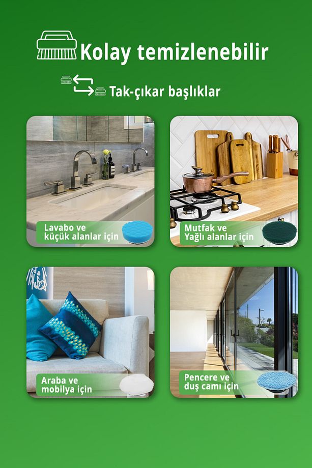 Ksc-4229 Şarjlı Döner Başlıklı Temizlik Fırçası 7 Başlıklı Uzatma Çubuklu Temizlik Makinesi - 5