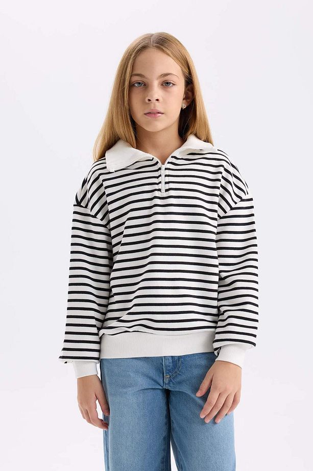Kız Çocuk Oversize Geniş Kalıp Yarım Fermuarlı Çizgili Sweatshirt D2883A824WN - 4