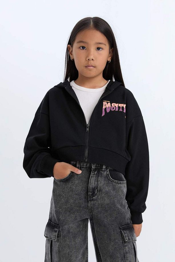 Kız Çocuk Baskılı Kapüşonlu İçi Yumuşak Tüylü Fermuarlı Sweatshirt D1569A824WN - 1