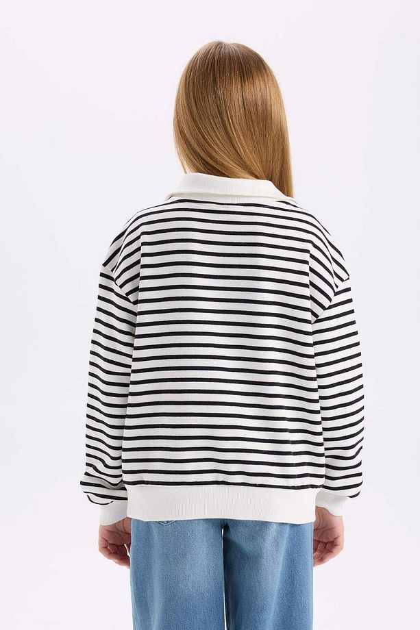 Kız Çocuk Oversize Geniş Kalıp Yarım Fermuarlı Çizgili Sweatshirt D2883A824WN - 6