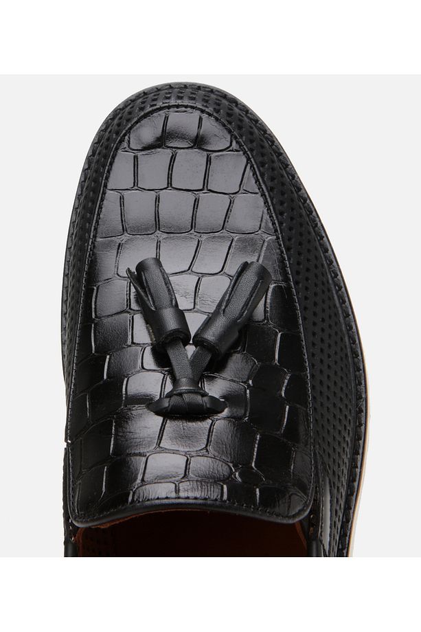 Erkek Deri Siyah Kroko Desenli Püskül Detaylı Günlük Loafer - 4