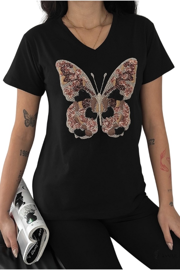 Women's Black Butterfly Embroidery Sequin Embroidered 100% Cotton V-Neck T-Shirt S-M-L
