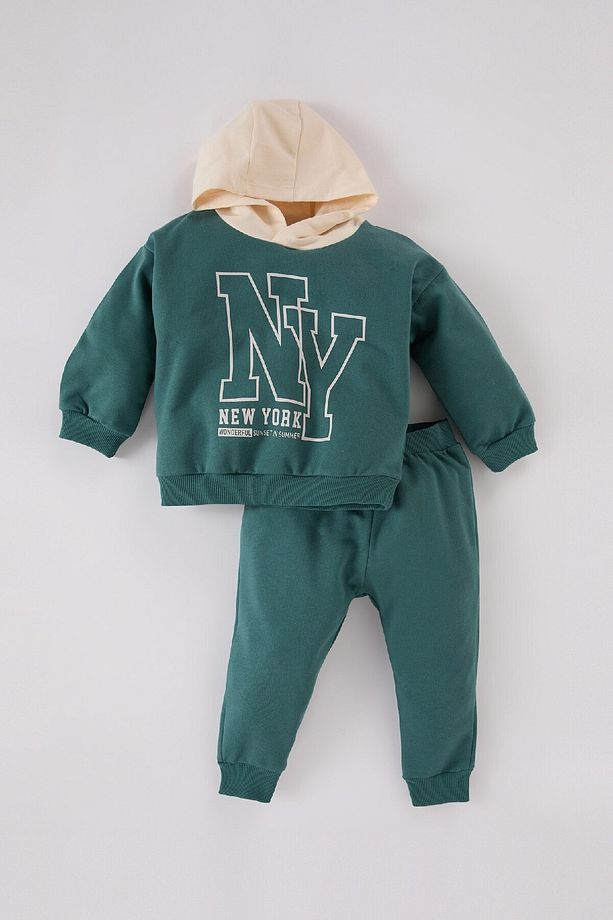 Erkek Bebek 2'li Takım Kapüşonlu Baskılı Sweatshirt Beli Lastikli Eşofman Altı D6876A524WN - 1
