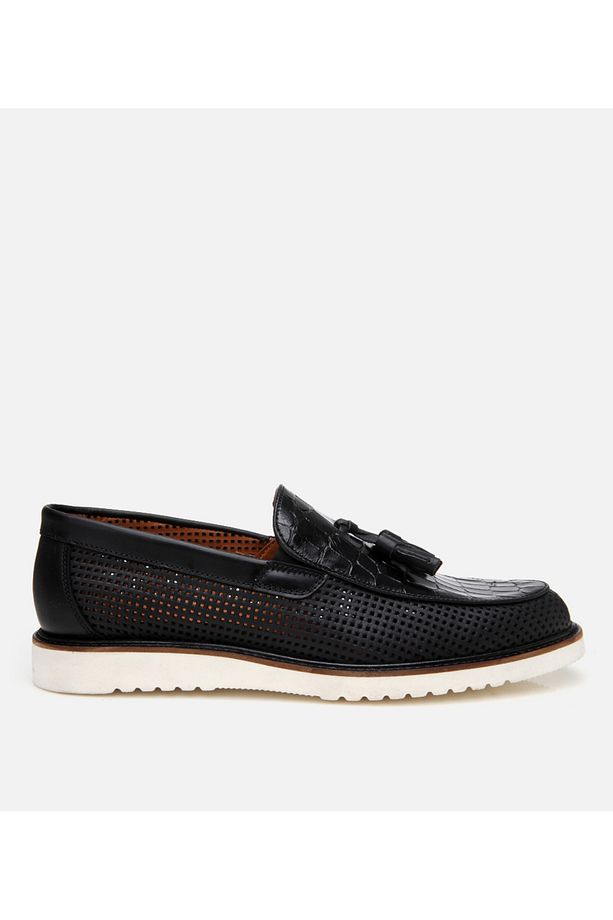 Erkek Deri Siyah Kroko Desenli Püskül Detaylı Günlük Loafer - 1