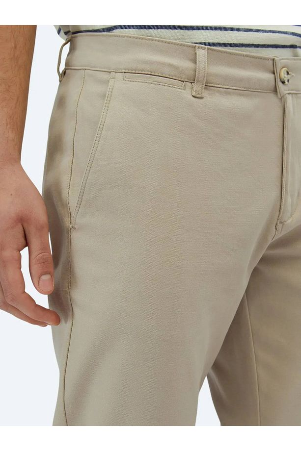 Bej Düz Dokuma Regular Fit Casual Pamuk Karışımlı Pantolon - 4