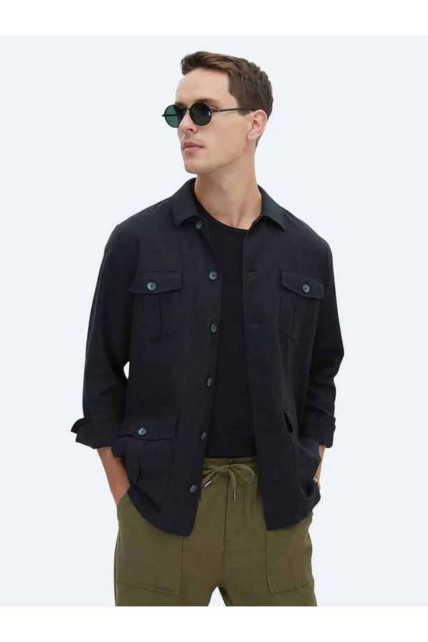 Siyah Düz Regular Fit Dokuma Overshırt - 1