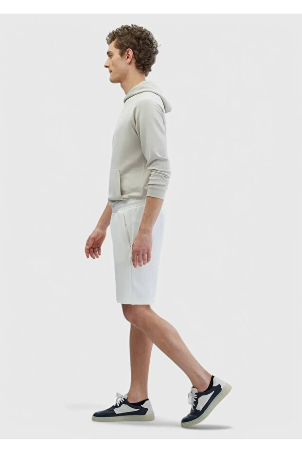 Ekru Düz Örme Jogging Fit Spor Bermuda - 2