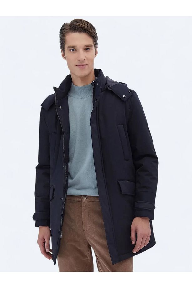 Lacivert Regular Fit Kapüşonlu Casual Dokuma Kaban - 3