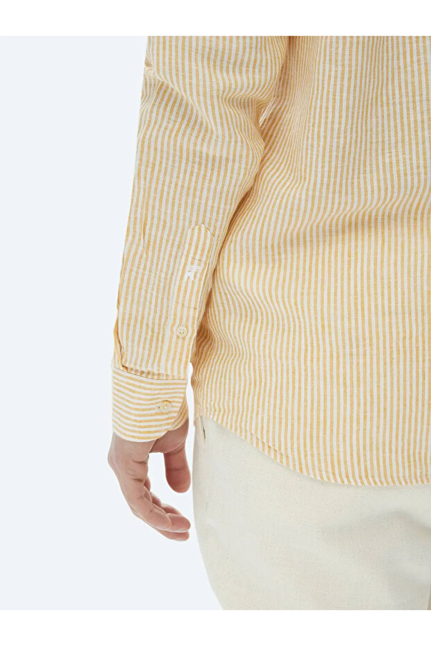 Safran Çizgili Regular Fit Dokuma Casual Pamuk Karışımlı Gömlek - 4