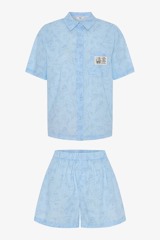 Açık Mavi Antalya Çiğdemi Çiçekli Gömlek Şort Pijama Takımı - Inspired by Flora - 1