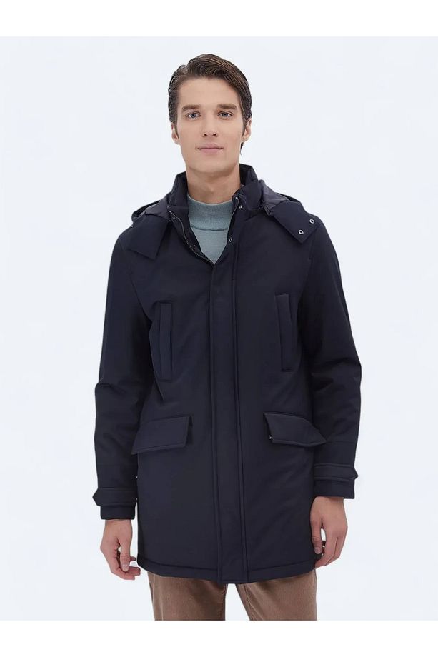 Lacivert Regular Fit Kapüşonlu Casual Dokuma Kaban - 1