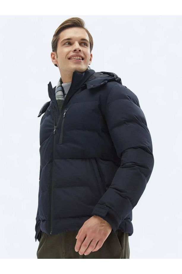 Lacivert Regular Fit Kapüşonlu Casual Dokuma Mont - 4