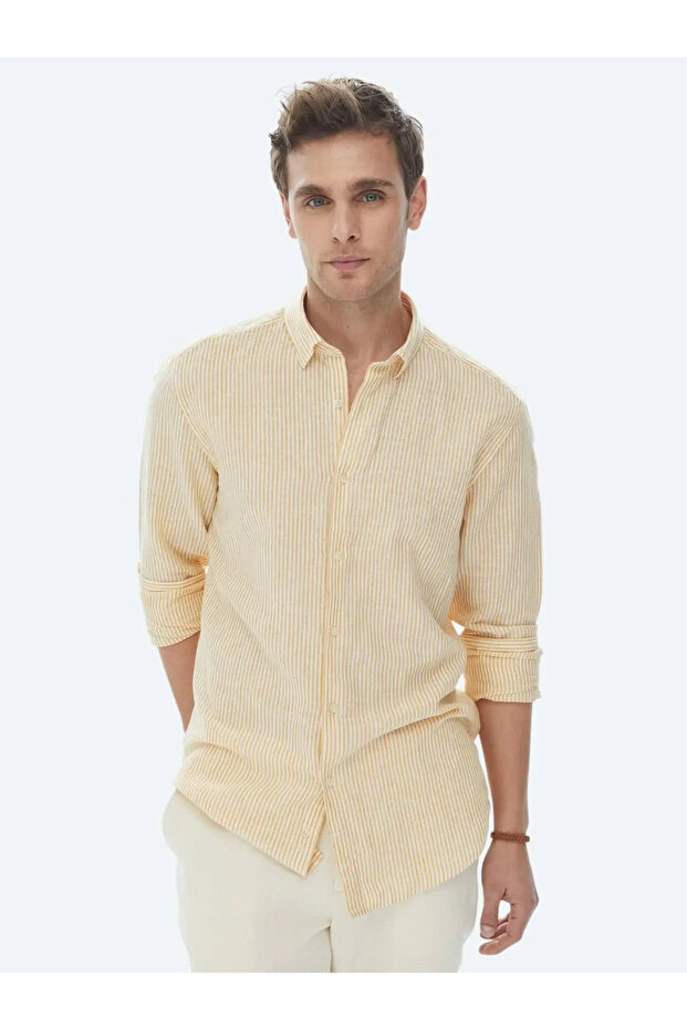 Safran Çizgili Regular Fit Dokuma Casual Pamuk Karışımlı Gömlek - 3