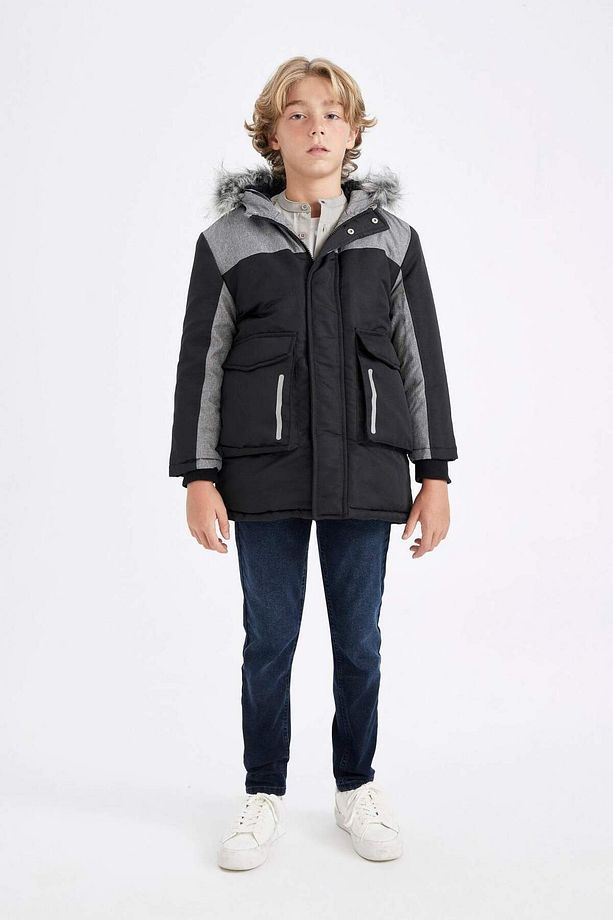 Erkek Çocuk Çıkarılabilir Suni Kürk Yaka Kapüşonlu Pelüş Astar Parka C8990A824CW - 6