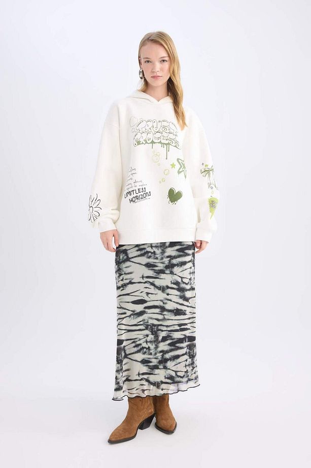 Coool Oversize Geniş Kalıp Kapüşonlu Sırt Baskılı Kalın Sweatshirt D6705AX24WN - 2
