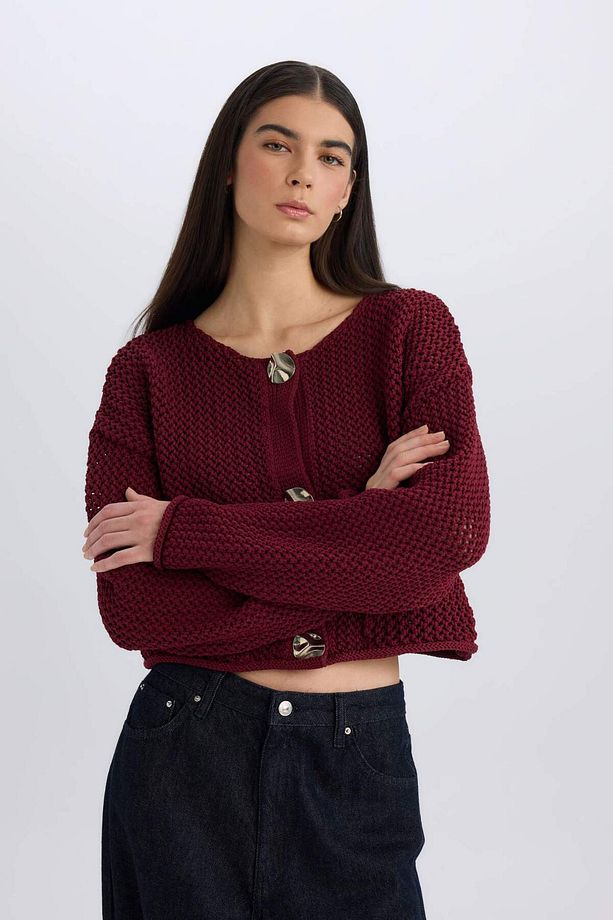 Relax Fit Bisiklet Yaka Düğmeli Örgü Desenli Triko Hırka E1962AX24WN - 4