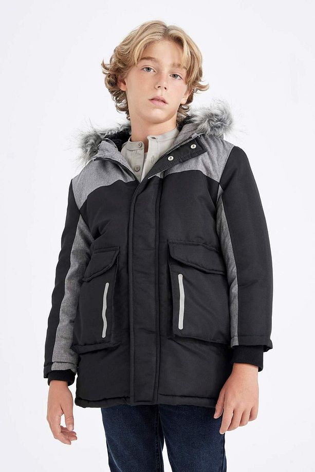 Erkek Çocuk Çıkarılabilir Suni Kürk Yaka Kapüşonlu Pelüş Astar Parka C8990A824CW - 7