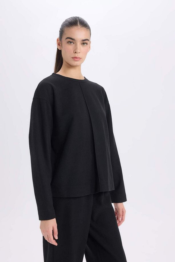 2li Takım Bisiklet Yaka Uzun Kollu Basic Düz Üst Wide Leg Geniş Bol Paça Alt E1712AX24WN - 4