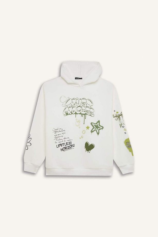 Coool Oversize Geniş Kalıp Kapüşonlu Sırt Baskılı Kalın Sweatshirt D6705AX24WN - 7
