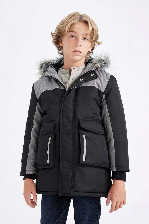 Erkek Çocuk Çıkarılabilir Suni Kürk Yaka Kapüşonlu Pelüş Astar Parka C8990A824CW - 5