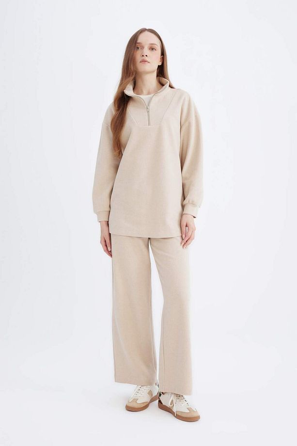 Regular Fit Yarım Fermuarlı Dik Yaka Selanik Kumaş Basic Düz Uzun Kollu Tunik B4306AX24WN - 2