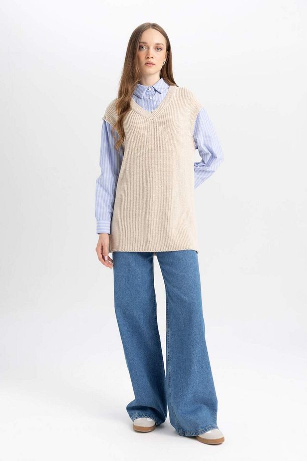 Regular Fit V Yaka Yandan Yırtmaçlı Triko Süveter Tunik D1243AX24WN - 2