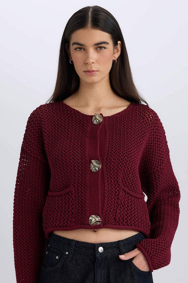 Relax Fit Bisiklet Yaka Düğmeli Örgü Desenli Triko Hırka E1962AX24WN - 1