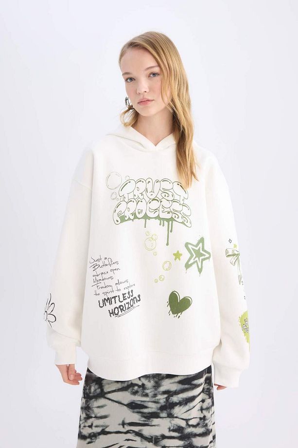 Coool Oversize Geniş Kalıp Kapüşonlu Sırt Baskılı Kalın Sweatshirt D6705AX24WN - 3