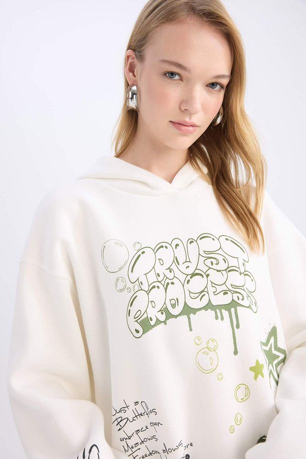 Coool Oversize Geniş Kalıp Kapüşonlu Sırt Baskılı Kalın Sweatshirt D6705AX24WN - 5