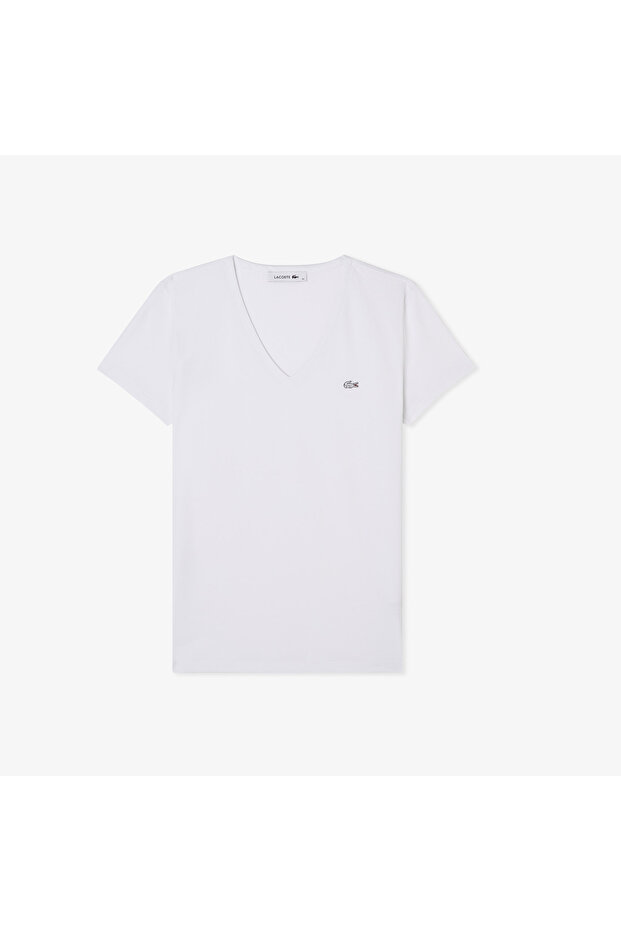Kadın Slim Fit V Yaka Beyaz T-Shirt - 3