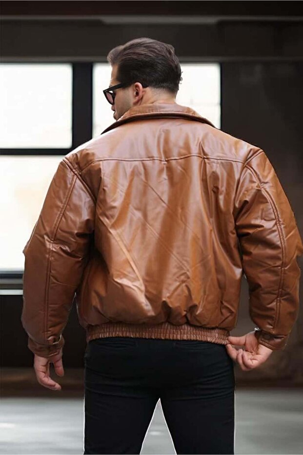 Oversize Premium Deri Ceket/Mont - Taba - 5
