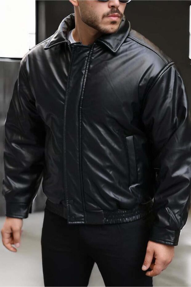 Oversize Premium Leather Jacket - Black - 4